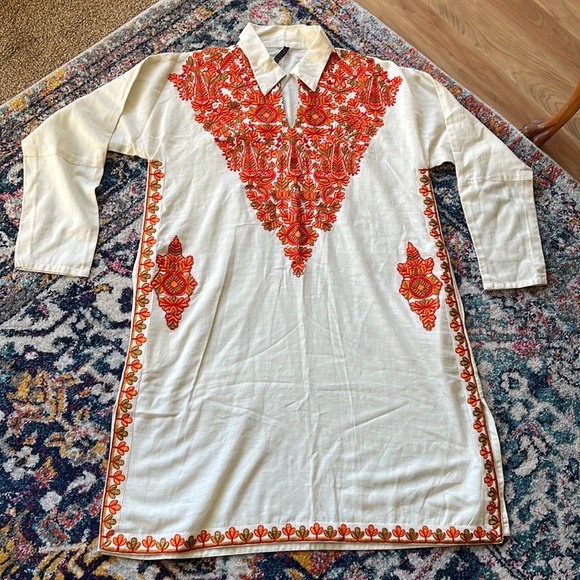 New! Origins kaftan orange /red embroidered cream long tunic coverup siz… - Picture 8 of 9